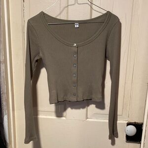 Olive Green Ribbed Button-Up Top
